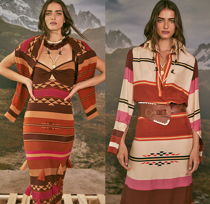 Johanna Ortiz 2023 Pre-Fall Autumn Womens Lookbook - Andina Andes Mountains South America Tropical Landscape Palm Trees Coconuts Sunset Inca Tribal Ornaments Decorative Art Birds Pixelated Halterneck Dress Crop Top Midriff Noodle Strap Fringes Pencil Skirt Weave Knit Cardigan Cutout Waist Twist Trench Coat One Shoulder Beads Swirls Geometric Stripes Tassels Shirtdress Wide Belt Handbag Gladiators Sandals Boots