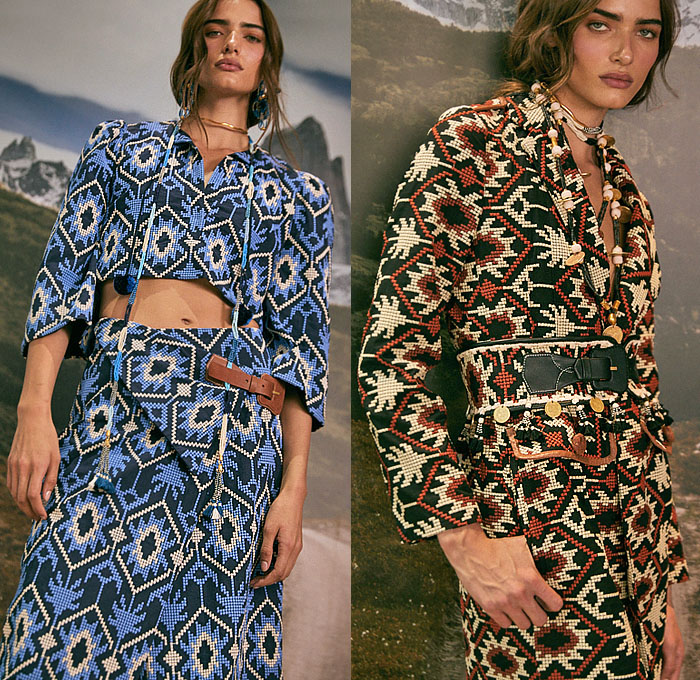 Johanna Ortiz 2023 Pre-Fall Autumn Womens Lookbook - Andina Andes Mountains South America Tropical Landscape Palm Trees Coconuts Sunset Inca Tribal Ornaments Decorative Art Birds Pixelated Halterneck Dress Crop Top Midriff Noodle Strap Fringes Pencil Skirt Weave Knit Cardigan Cutout Waist Twist Trench Coat One Shoulder Beads Swirls Geometric Stripes Tassels Shirtdress Wide Belt Handbag Gladiators Sandals Boots