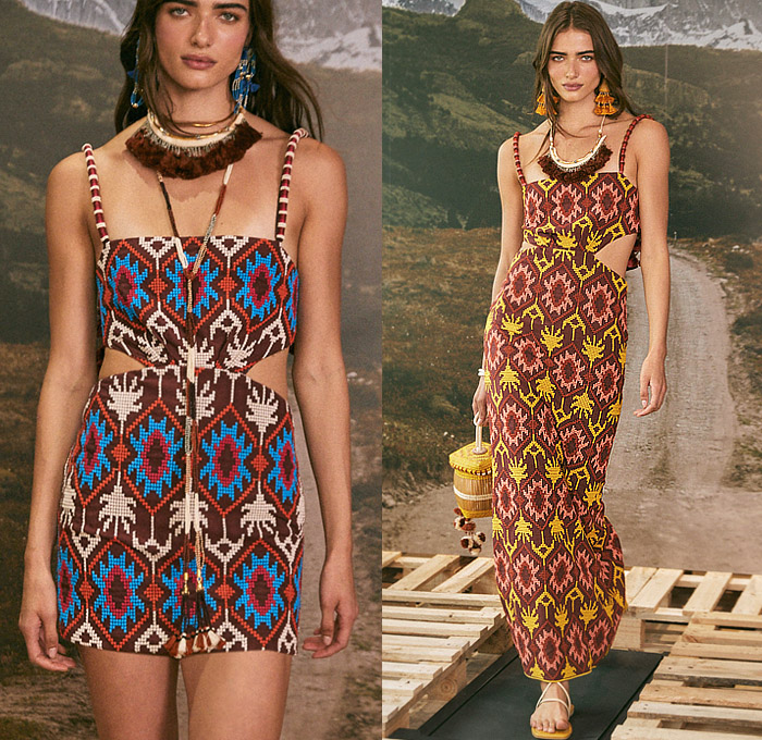 Johanna Ortiz 2023 Pre-Fall Autumn Womens Lookbook - Andina Andes Mountains South America Tropical Landscape Palm Trees Coconuts Sunset Inca Tribal Ornaments Decorative Art Birds Pixelated Halterneck Dress Crop Top Midriff Noodle Strap Fringes Pencil Skirt Weave Knit Cardigan Cutout Waist Twist Trench Coat One Shoulder Beads Swirls Geometric Stripes Tassels Shirtdress Wide Belt Handbag Gladiators Sandals Boots