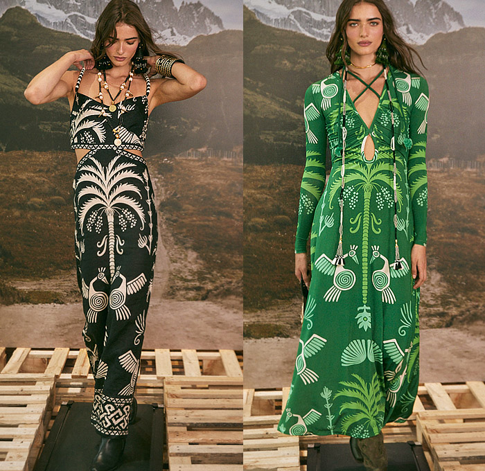 Johanna Ortiz 2023 Pre-Fall Autumn Womens Lookbook - Andina Andes Mountains South America Tropical Landscape Palm Trees Coconuts Sunset Inca Tribal Ornaments Decorative Art Birds Pixelated Halterneck Dress Crop Top Midriff Noodle Strap Fringes Pencil Skirt Weave Knit Cardigan Cutout Waist Twist Trench Coat One Shoulder Beads Swirls Geometric Stripes Tassels Shirtdress Wide Belt Handbag Gladiators Sandals Boots