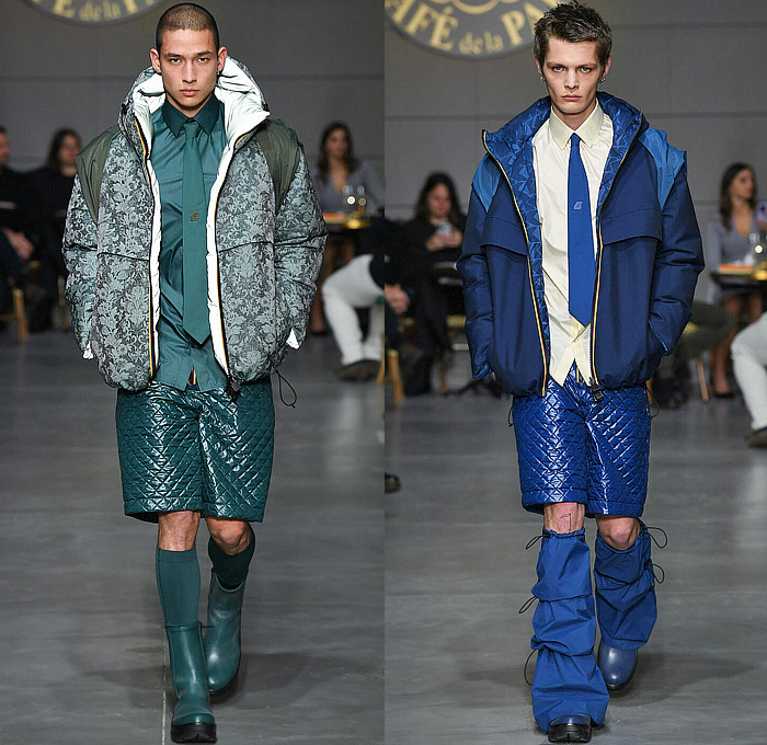 K-Way 2023-2024 Fall Autumn Winter Mens Runway Looks - Milano Moda Uomo Milan Fashion Week Mens - Café de la Paix - Oversized Outerwear Hoodie Coat Cocoon Poncho Parka Jacquard Brocade Drawstring Quilted Puffer Shorts Neck Tie Fur Compression Tights Parachute Pants Knit Cap Hobo Bag Sling Pack Leg Warmers Boots