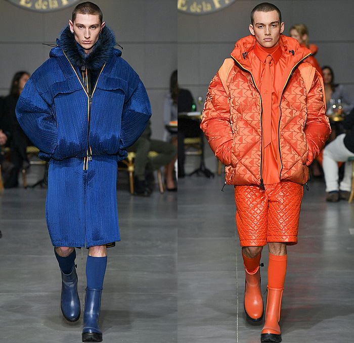 K-Way 2023-2024 Fall Autumn Winter Mens Runway Looks - Milano Moda Uomo Milan Fashion Week Mens - Café de la Paix - Oversized Outerwear Hoodie Coat Cocoon Poncho Parka Jacquard Brocade Drawstring Quilted Puffer Shorts Neck Tie Fur Compression Tights Parachute Pants Knit Cap Hobo Bag Sling Pack Leg Warmers Boots