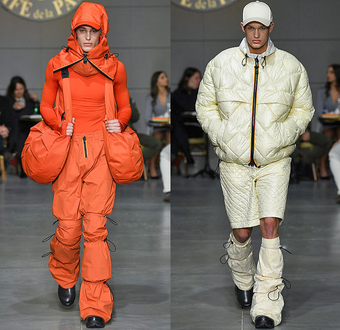 K-Way 2023-2024 Fall Autumn Winter Mens Runway Looks - Milano Moda Uomo Milan Fashion Week Mens - Café de la Paix - Oversized Outerwear Hoodie Coat Cocoon Poncho Parka Jacquard Brocade Drawstring Quilted Puffer Shorts Neck Tie Fur Compression Tights Parachute Pants Knit Cap Hobo Bag Sling Pack Leg Warmers Boots