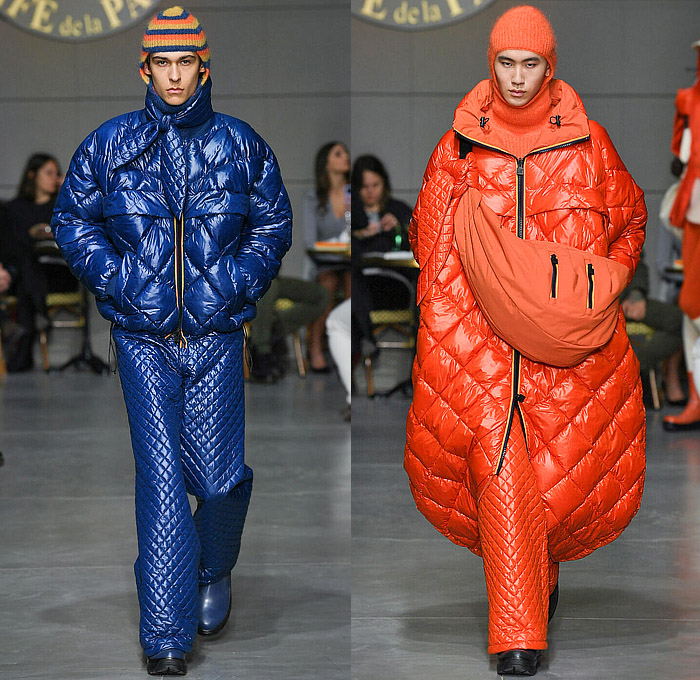 K-Way 2023-2024 Fall Autumn Winter Mens Runway Looks - Milano Moda Uomo Milan Fashion Week Mens - Café de la Paix - Oversized Outerwear Hoodie Coat Cocoon Poncho Parka Jacquard Brocade Drawstring Quilted Puffer Shorts Neck Tie Fur Compression Tights Parachute Pants Knit Cap Hobo Bag Sling Pack Leg Warmers Boots