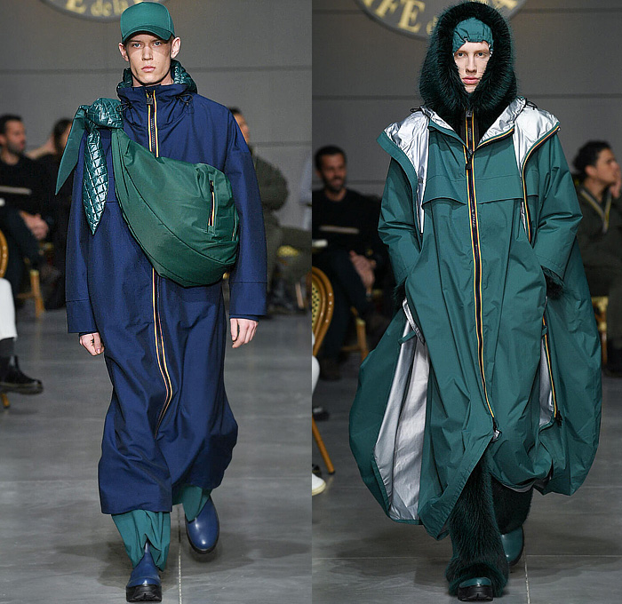 K-Way 2023-2024 Fall Autumn Winter Mens Runway Looks - Milano Moda Uomo Milan Fashion Week Mens - Café de la Paix - Oversized Outerwear Hoodie Coat Cocoon Poncho Parka Jacquard Brocade Drawstring Quilted Puffer Shorts Neck Tie Fur Compression Tights Parachute Pants Knit Cap Hobo Bag Sling Pack Leg Warmers Boots