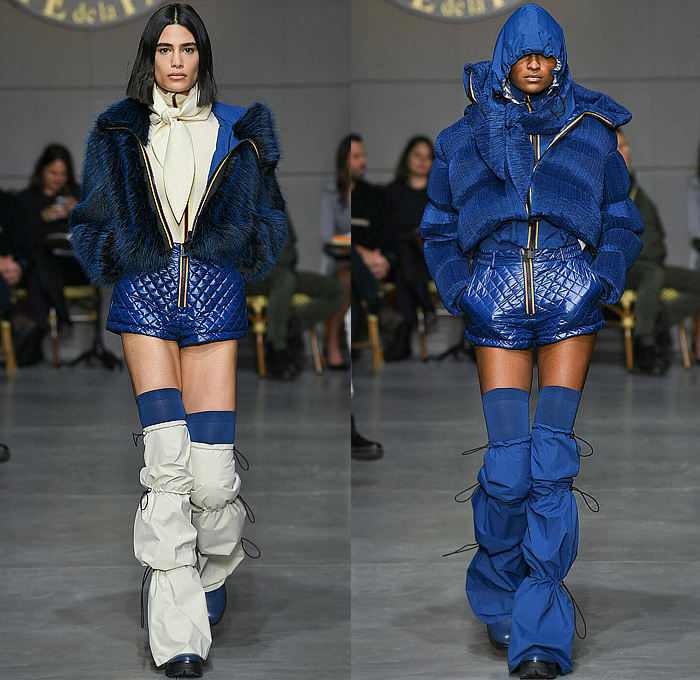 K-Way 2023-2024 Fall Autumn Winter Womens Runway Looks - Milano Moda Uomo Milan Fashion Week - Café de la Paix - Oversized Outerwear Hoodie Coat Cocoon Poncho Parka Pussy Bow Fur Shorts Drawstring Wide Leg Palazzo Pants Onesie Romper Combishorts Leotard Turtleneck Zipper Pockets Bomber Jacket Parachute Pants Fanny Pack Pouch Bag Compression Leggings Tights Thigh High Leg Warmers Boots