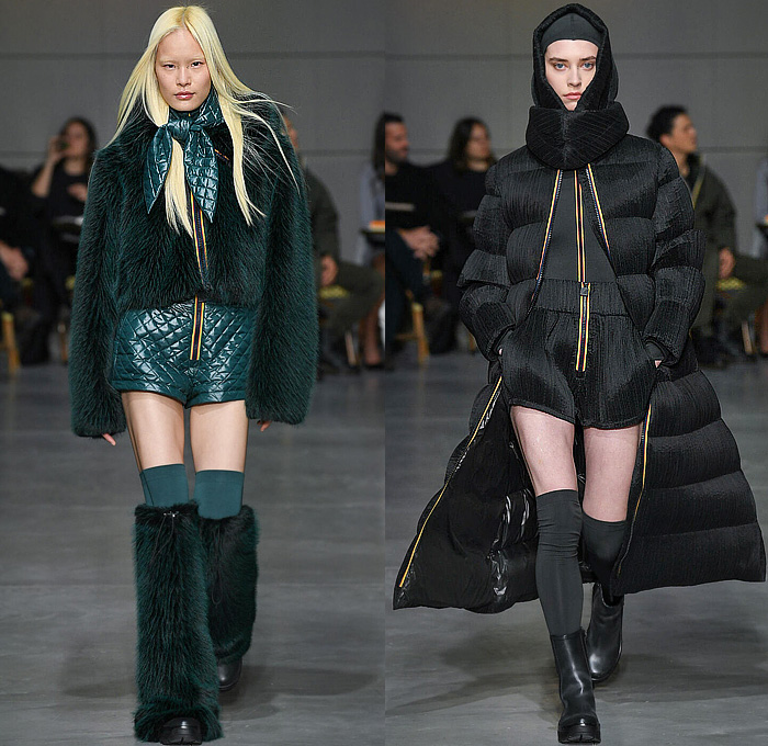 K-Way 2023-2024 Fall Autumn Winter Womens Runway Looks - Milano Moda Uomo Milan Fashion Week - Café de la Paix - Oversized Outerwear Hoodie Coat Cocoon Poncho Parka Pussy Bow Fur Shorts Drawstring Wide Leg Palazzo Pants Onesie Romper Combishorts Leotard Turtleneck Zipper Pockets Bomber Jacket Parachute Pants Fanny Pack Pouch Bag Compression Leggings Tights Thigh High Leg Warmers Boots