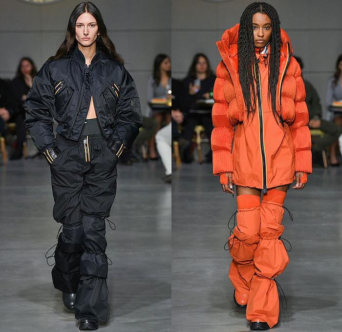 K-Way 2023-2024 Fall Autumn Winter Womens Runway Looks - Milano Moda Uomo Milan Fashion Week - Café de la Paix - Oversized Outerwear Hoodie Coat Cocoon Poncho Parka Pussy Bow Fur Shorts Drawstring Wide Leg Palazzo Pants Onesie Romper Combishorts Leotard Turtleneck Zipper Pockets Bomber Jacket Parachute Pants Fanny Pack Pouch Bag Compression Leggings Tights Thigh High Leg Warmers Boots