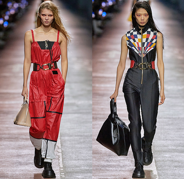 Louis Vuitton 2023 Pre-Fall Autumn Womens Runway Collection - Jamsugyo Bridge Seoul South Korea - V-Neck Logo Wide Belt Quilted Slouchy Pants Miniskirt Onesie Jumpsuit Pinafore Racing Check Studs Poodle Skirt Nylon Anorak Windbreaker Jacket Knit Tweed Zipper Shoulder Pads Fur Bedazzled Sequins Crystals One Shoulder Coat Snakeskin Stripes Crop Top Midriff Puffer Vest Shift Dress Balloon Pants Shirtdress Handbag Hi-Tops Sneakers Sunglasses