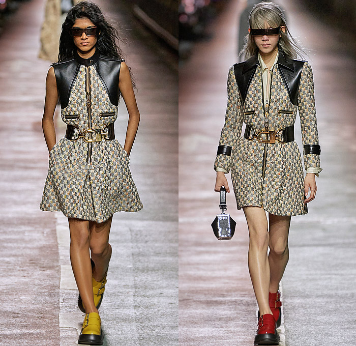 Louis Vuitton 2023 Pre-Fall Autumn Womens Runway Collection - Jamsugyo Bridge Seoul South Korea - V-Neck Logo Wide Belt Quilted Slouchy Pants Miniskirt Onesie Jumpsuit Pinafore Racing Check Studs Poodle Skirt Nylon Anorak Windbreaker Jacket Knit Tweed Zipper Shoulder Pads Fur Bedazzled Sequins Crystals One Shoulder Coat Snakeskin Stripes Crop Top Midriff Puffer Vest Shift Dress Balloon Pants Shirtdress Handbag Hi-Tops Sneakers Sunglasses