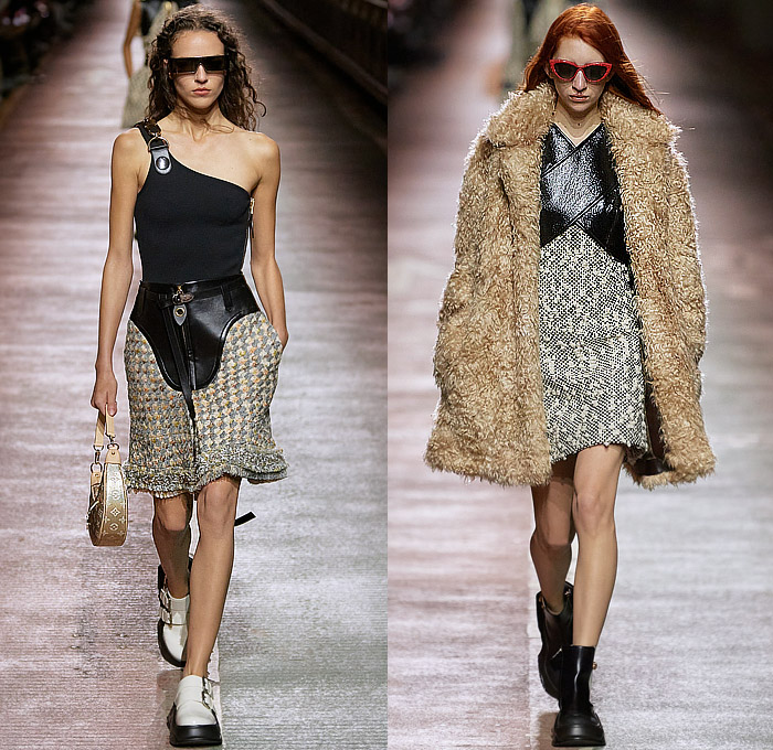 Louis Vuitton 2023 Pre-Fall Autumn Womens Runway Collection - Jamsugyo Bridge Seoul South Korea - V-Neck Logo Wide Belt Quilted Slouchy Pants Miniskirt Onesie Jumpsuit Pinafore Racing Check Studs Poodle Skirt Nylon Anorak Windbreaker Jacket Knit Tweed Zipper Shoulder Pads Fur Bedazzled Sequins Crystals One Shoulder Coat Snakeskin Stripes Crop Top Midriff Puffer Vest Shift Dress Balloon Pants Shirtdress Handbag Hi-Tops Sneakers Sunglasses