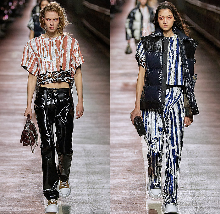 Louis Vuitton 2023 Pre-Fall Autumn Womens Runway Collection - Jamsugyo Bridge Seoul South Korea - V-Neck Logo Wide Belt Quilted Slouchy Pants Miniskirt Onesie Jumpsuit Pinafore Racing Check Studs Poodle Skirt Nylon Anorak Windbreaker Jacket Knit Tweed Zipper Shoulder Pads Fur Bedazzled Sequins Crystals One Shoulder Coat Snakeskin Stripes Crop Top Midriff Puffer Vest Shift Dress Balloon Pants Shirtdress Handbag Hi-Tops Sneakers Sunglasses