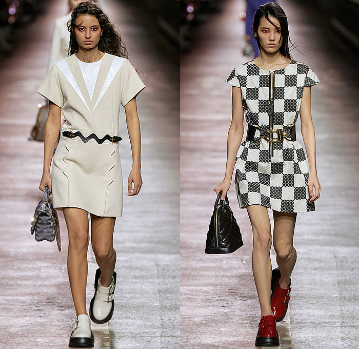 Louis Vuitton 2023 Pre-Fall Autumn Womens Runway Collection - Jamsugyo Bridge Seoul South Korea - V-Neck Logo Wide Belt Quilted Slouchy Pants Miniskirt Onesie Jumpsuit Pinafore Racing Check Studs Poodle Skirt Nylon Anorak Windbreaker Jacket Knit Tweed Zipper Shoulder Pads Fur Bedazzled Sequins Crystals One Shoulder Coat Snakeskin Stripes Crop Top Midriff Puffer Vest Shift Dress Balloon Pants Shirtdress Handbag Hi-Tops Sneakers Sunglasses