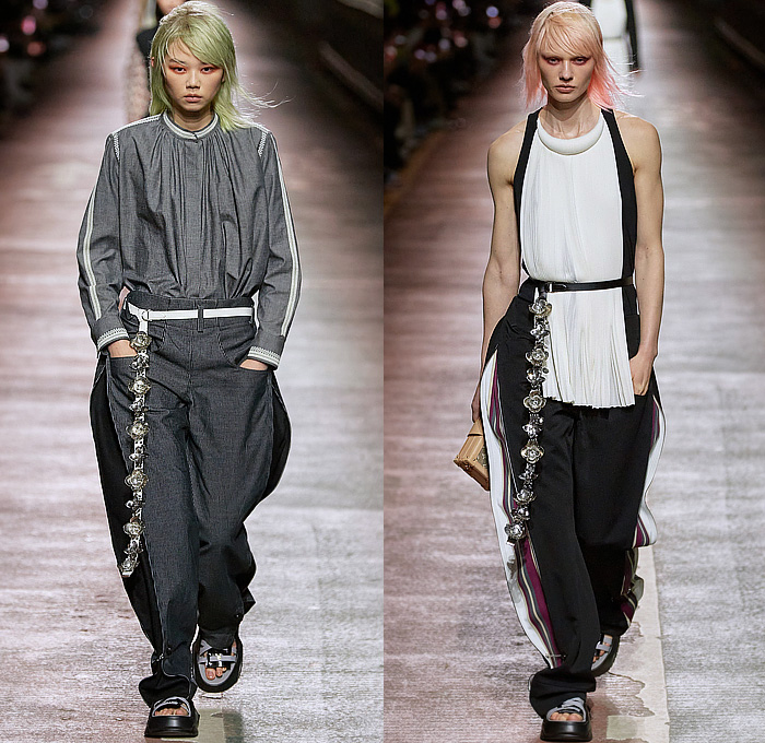 Louis Vuitton 2023 Pre-Fall Autumn Womens Runway Collection - Jamsugyo Bridge Seoul South Korea - V-Neck Logo Wide Belt Quilted Slouchy Pants Miniskirt Onesie Jumpsuit Pinafore Racing Check Studs Poodle Skirt Nylon Anorak Windbreaker Jacket Knit Tweed Zipper Shoulder Pads Fur Bedazzled Sequins Crystals One Shoulder Coat Snakeskin Stripes Crop Top Midriff Puffer Vest Shift Dress Balloon Pants Shirtdress Handbag Hi-Tops Sneakers Sunglasses