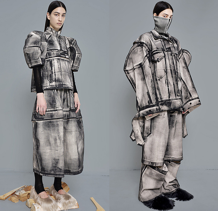 Melitta Baumeister 2023-2024 Fall Autumn Winter Womens Lookbook Presentation - Sculpture Extreme Silver Silver Big Sleeve Denim Jeans Ring Loop Circle Skirt Dress Pleats Waffle Patchwork A-Line Wood Cargo Pockets Foam Hem Track Pants Oversized Track Jacket Quilted Vest Loungewear Wide Leg Palazzo Pants Baggy Lantern Sleeves Turtleneck Ribbed Pleats Snap Buttons Tearaway Latex Knit Cap Tights Leggings Fur Parka Hoodie Sweatshirt Teddy Bear Bag Boots