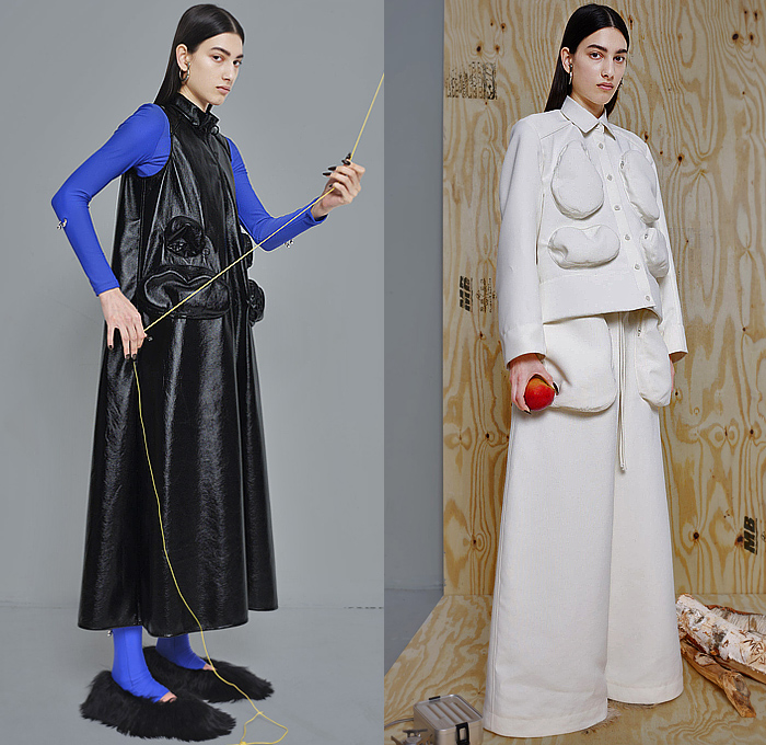 Melitta Baumeister 2023-2024 Fall Autumn Winter Womens Lookbook Presentation - Sculpture Extreme Silver Silver Big Sleeve Denim Jeans Ring Loop Circle Skirt Dress Pleats Waffle Patchwork A-Line Wood Cargo Pockets Foam Hem Track Pants Oversized Track Jacket Quilted Vest Loungewear Wide Leg Palazzo Pants Baggy Lantern Sleeves Turtleneck Ribbed Pleats Snap Buttons Tearaway Latex Knit Cap Tights Leggings Fur Parka Hoodie Sweatshirt Teddy Bear Bag Boots