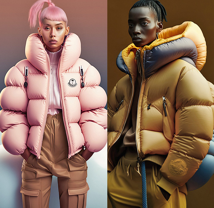 Moncler Genius 2023-2024 Fall Autumn Winter Womens Lookbook Presentation - Milan Fashion Week Italy - Outerwear Coat Parka Jacket Poncho Quilted Puffer Bubbles Bloated Geometric Hood Spacesuit Astronaut Colorblock Turtleneck Straps Belts Harness Gilet Vest Funnelneck Balaclava Snowboard Goggles Skiwear Helmet Utility Pockets Cargo Pants Sweatpants Jogger Leg Warmers Snow Boots