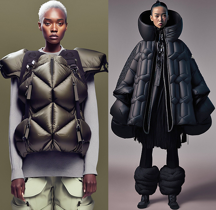 Moncler Genius 2023-2024 Fall Autumn Winter Womens Lookbook Presentation - Milan Fashion Week Italy - Outerwear Coat Parka Jacket Poncho Quilted Puffer Bubbles Bloated Geometric Hood Spacesuit Astronaut Colorblock Turtleneck Straps Belts Harness Gilet Vest Funnelneck Balaclava Snowboard Goggles Skiwear Helmet Utility Pockets Cargo Pants Sweatpants Jogger Leg Warmers Snow Boots