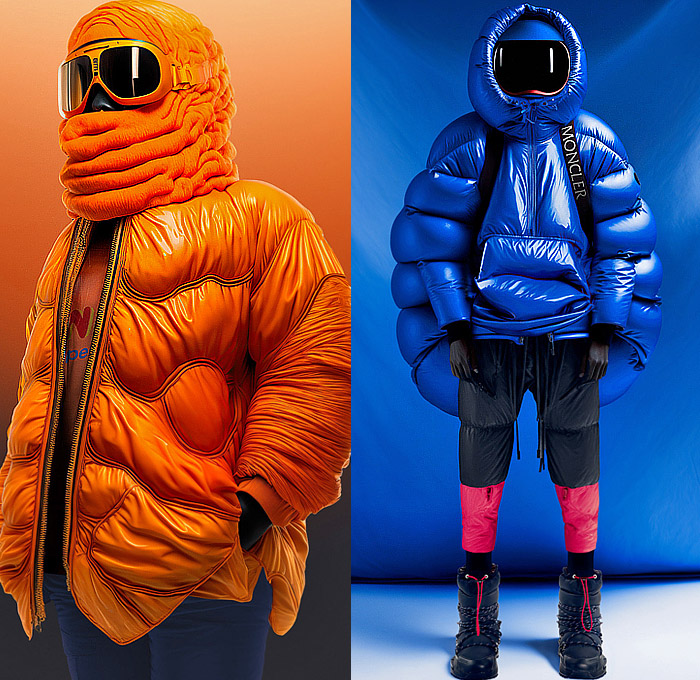 Moncler Genius 2023-2024 Fall Autumn Winter Womens Lookbook Presentation - Milan Fashion Week Italy - Outerwear Coat Parka Jacket Poncho Quilted Puffer Bubbles Bloated Geometric Hood Spacesuit Astronaut Colorblock Turtleneck Straps Belts Harness Gilet Vest Funnelneck Balaclava Snowboard Goggles Skiwear Helmet Utility Pockets Cargo Pants Sweatpants Jogger Leg Warmers Snow Boots