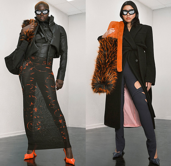 Ottolinger 2023 Pre-Fall Autumn Womens Lookbook - Denim Jeans Outerwear Coat Strings Straps Deconstructed Asymmetrical Dark Wash Slouchy Strapless Fur Wide Leg Knit Hood Ombré Gradient Crop Top Midriff Leggings Skinny Sweaterdress Cutout Holes Sweatpants Jogger Wool Tied Knot Blazer Plaid Check Leather Sheer Cross Floral Flowers Bodycon Dress One Shoulder Quilted Puffer Vest Gilet Motorcycle Jacket Logo Handbag Heels