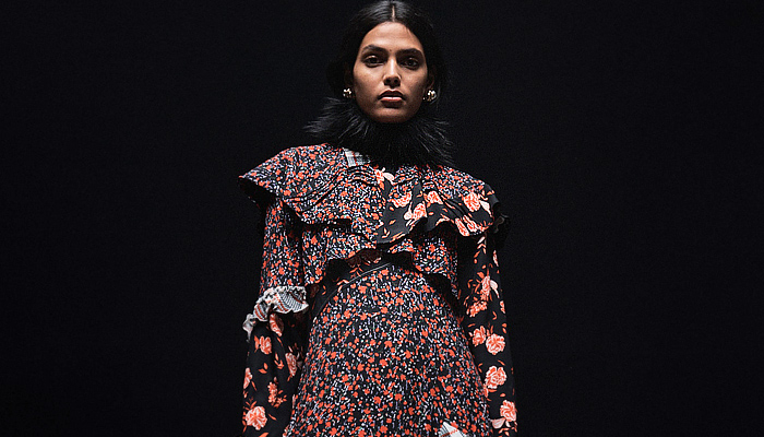 3.1 Phillip Lim 2023-2024 Fall Autumn Winter Womens Lookbook Presentation - New York Fashion Week NYFW - NYC Vibration Hoodie Sweatshirt Denim Jeans Accordion Pleats Fur Studs Fringes Dress Knit Sweater Shirtdress Stripes Pinstripe Cinch Tied Turtleneck Sheer Lace Embroidery Mesh Silk Satin Patchwork Ruffles Flowers Floral Check Puff Sleeves Midi Skirt Wide Leg Culottes Quilted Puffer Vest Deconstructed Motorcycle Biker Jacket Gloves Handbag Pouch Snakeskin Boots Kitten Heels