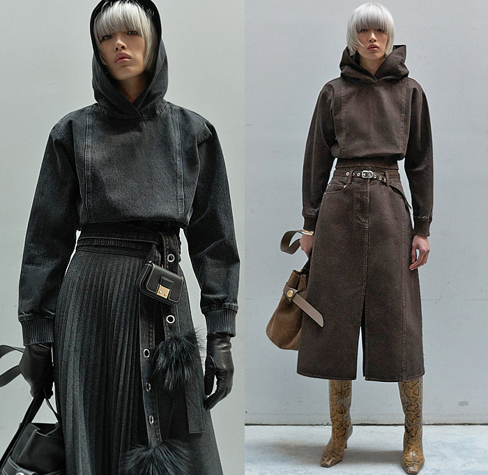 3.1 Phillip Lim 2023-2024 Fall Autumn Winter Womens Lookbook Presentation - New York Fashion Week NYFW - NYC Vibration Hoodie Sweatshirt Denim Jeans Accordion Pleats Fur Studs Fringes Dress Knit Sweater Shirtdress Stripes Pinstripe Cinch Tied Turtleneck Sheer Lace Embroidery Mesh Silk Satin Patchwork Ruffles Flowers Floral Check Puff Sleeves Midi Skirt Wide Leg Culottes Quilted Puffer Vest Deconstructed Motorcycle Biker Jacket Gloves Handbag Pouch Snakeskin Boots Kitten Heels