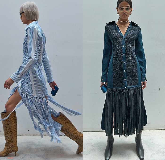 3.1 Phillip Lim 2023-2024 Fall Autumn Winter Womens Lookbook Presentation - New York Fashion Week NYFW - NYC Vibration Hoodie Sweatshirt Denim Jeans Accordion Pleats Fur Studs Fringes Dress Knit Sweater Shirtdress Stripes Pinstripe Cinch Tied Turtleneck Sheer Lace Embroidery Mesh Silk Satin Patchwork Ruffles Flowers Floral Check Puff Sleeves Midi Skirt Wide Leg Culottes Quilted Puffer Vest Deconstructed Motorcycle Biker Jacket Gloves Handbag Pouch Snakeskin Boots Kitten Heels