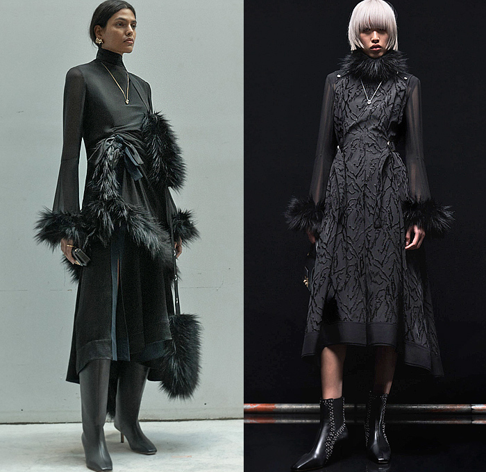 3.1 Phillip Lim 2023-2024 Fall Autumn Winter Womens Lookbook Presentation - New York Fashion Week NYFW - NYC Vibration Hoodie Sweatshirt Denim Jeans Accordion Pleats Fur Studs Fringes Dress Knit Sweater Shirtdress Stripes Pinstripe Cinch Tied Turtleneck Sheer Lace Embroidery Mesh Silk Satin Patchwork Ruffles Flowers Floral Check Puff Sleeves Midi Skirt Wide Leg Culottes Quilted Puffer Vest Deconstructed Motorcycle Biker Jacket Gloves Handbag Pouch Snakeskin Boots Kitten Heels