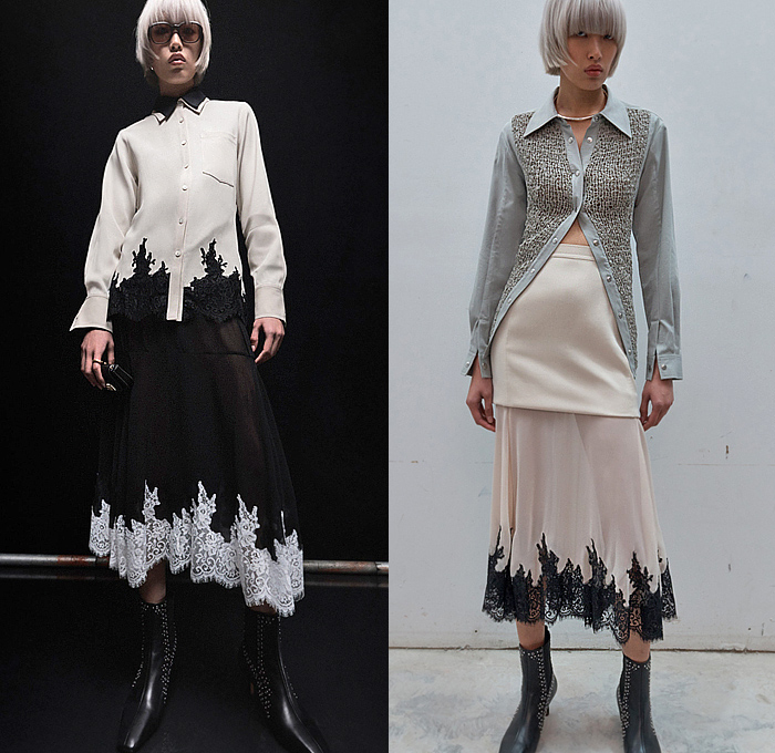 3.1 Phillip Lim 2023-2024 Fall Autumn Winter Womens Lookbook Presentation - New York Fashion Week NYFW - NYC Vibration Hoodie Sweatshirt Denim Jeans Accordion Pleats Fur Studs Fringes Dress Knit Sweater Shirtdress Stripes Pinstripe Cinch Tied Turtleneck Sheer Lace Embroidery Mesh Silk Satin Patchwork Ruffles Flowers Floral Check Puff Sleeves Midi Skirt Wide Leg Culottes Quilted Puffer Vest Deconstructed Motorcycle Biker Jacket Gloves Handbag Pouch Snakeskin Boots Kitten Heels