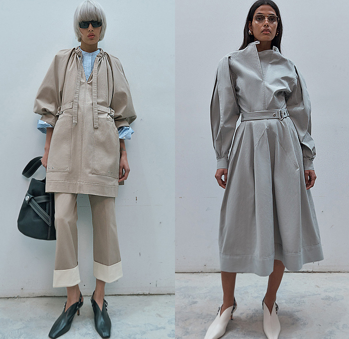 3.1 Phillip Lim 2023-2024 Fall Autumn Winter Womens Lookbook Presentation - New York Fashion Week NYFW - NYC Vibration Hoodie Sweatshirt Denim Jeans Accordion Pleats Fur Studs Fringes Dress Knit Sweater Shirtdress Stripes Pinstripe Cinch Tied Turtleneck Sheer Lace Embroidery Mesh Silk Satin Patchwork Ruffles Flowers Floral Check Puff Sleeves Midi Skirt Wide Leg Culottes Quilted Puffer Vest Deconstructed Motorcycle Biker Jacket Gloves Handbag Pouch Snakeskin Boots Kitten Heels