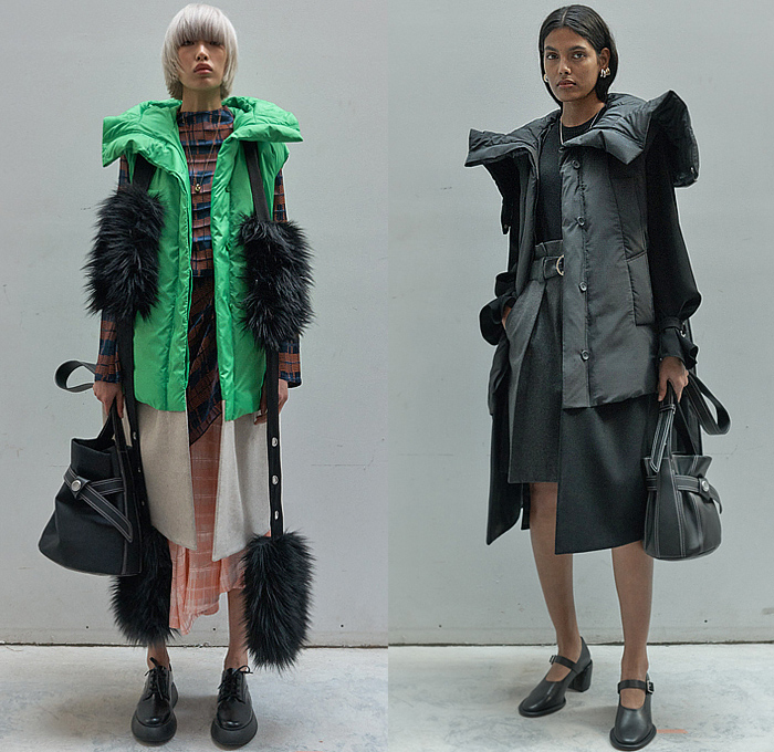 3.1 Phillip Lim 2023-2024 Fall Autumn Winter Womens Lookbook Presentation - New York Fashion Week NYFW - NYC Vibration Hoodie Sweatshirt Denim Jeans Accordion Pleats Fur Studs Fringes Dress Knit Sweater Shirtdress Stripes Pinstripe Cinch Tied Turtleneck Sheer Lace Embroidery Mesh Silk Satin Patchwork Ruffles Flowers Floral Check Puff Sleeves Midi Skirt Wide Leg Culottes Quilted Puffer Vest Deconstructed Motorcycle Biker Jacket Gloves Handbag Pouch Snakeskin Boots Kitten Heels