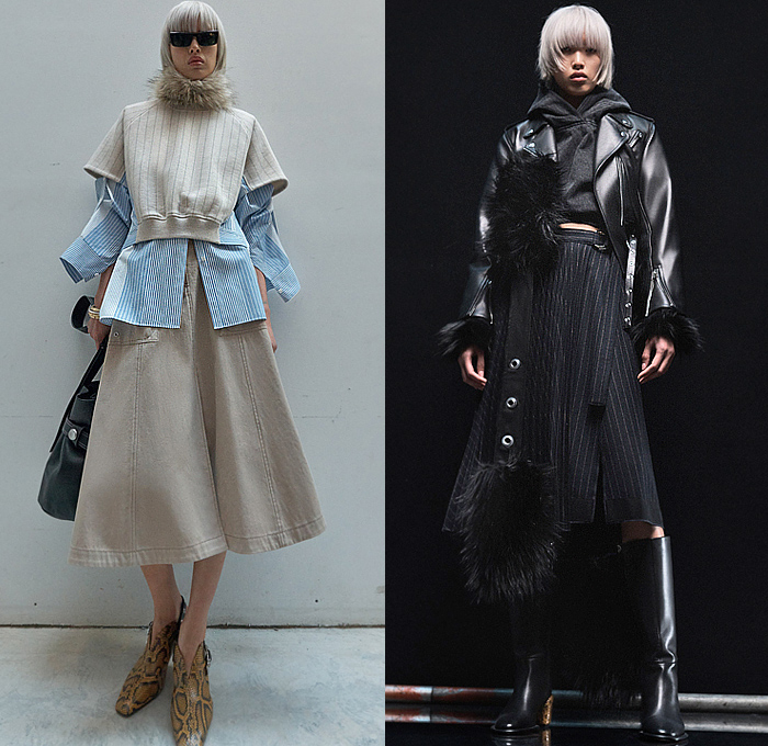 3.1 Phillip Lim 2023-2024 Fall Autumn Winter Womens Lookbook Presentation - New York Fashion Week NYFW - NYC Vibration Hoodie Sweatshirt Denim Jeans Accordion Pleats Fur Studs Fringes Dress Knit Sweater Shirtdress Stripes Pinstripe Cinch Tied Turtleneck Sheer Lace Embroidery Mesh Silk Satin Patchwork Ruffles Flowers Floral Check Puff Sleeves Midi Skirt Wide Leg Culottes Quilted Puffer Vest Deconstructed Motorcycle Biker Jacket Gloves Handbag Pouch Snakeskin Boots Kitten Heels