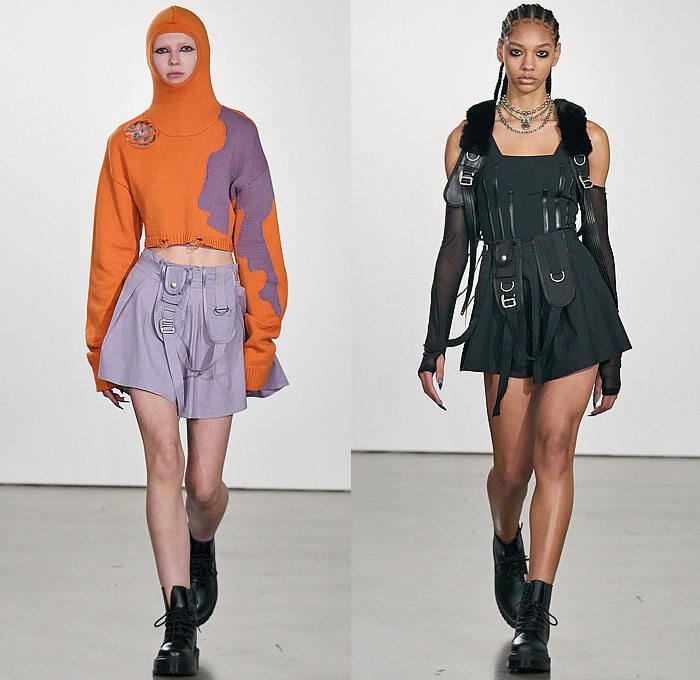Private Policy 2023-2024 Fall Autumn Winter Womens Runway Collection - New York Fashion Week NYFW- We Are All Animals - Horns Bunny Ears Balaclava Knit Sweater Destroyed Destructed Holes Threads Crop Top Midriff Belts Backpack Straps Harness Shorts Shift Dress Sheer High Slit Boxy Blazer Pockets Miniskirt Denim Jeans Skirt Zigzag Patchwork Parka Coat Quilted Puffer Jacketdress Fur Opera Gloves Boots
