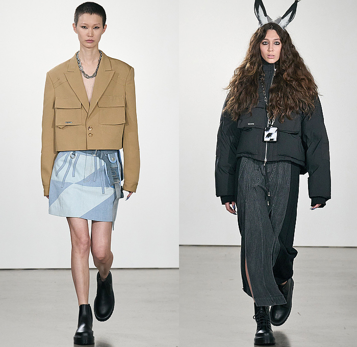 Private Policy 2023-2024 Fall Autumn Winter Womens Runway Collection - New York Fashion Week NYFW- We Are All Animals - Horns Bunny Ears Balaclava Knit Sweater Destroyed Destructed Holes Threads Crop Top Midriff Belts Backpack Straps Harness Shorts Shift Dress Sheer High Slit Boxy Blazer Pockets Miniskirt Denim Jeans Skirt Zigzag Patchwork Parka Coat Quilted Puffer Jacketdress Fur Opera Gloves Boots