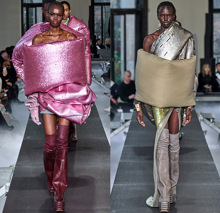 Rick Owens 2023-2024 Fall Autumn Winter Womens Runway Collection - Paris Fashion Week Femme PFW - Luxor - Selvedge Denim Jeans Shredded Acid Colored Degrade Bedazzled Sequins Quilted Puffer Pillow Jumbo Padded Duvet-Filled Wrapped Slung Cowl Donut Puff Ball Knit Oversized Outerwear Coat Draped Crumpled Arm Floaties Funnelneck Sweater Dress Patchwork One Shoulder Pleats Cape Cloak Metallic Frankenstein Shoulders Fringes Bat Wing Collar High Slit Skirt Briefs Wrapped Platform Boots