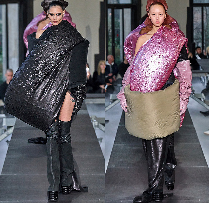 Rick Owens 2023-2024 Fall Autumn Winter Womens Runway Collection - Paris Fashion Week Femme PFW - Luxor - Selvedge Denim Jeans Shredded Acid Colored Degrade Bedazzled Sequins Quilted Puffer Pillow Jumbo Padded Duvet-Filled Wrapped Slung Cowl Donut Puff Ball Knit Oversized Outerwear Coat Draped Crumpled Arm Floaties Funnelneck Sweater Dress Patchwork One Shoulder Pleats Cape Cloak Metallic Frankenstein Shoulders Fringes Bat Wing Collar High Slit Skirt Briefs Wrapped Platform Boots