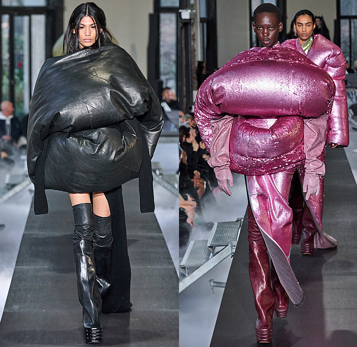 Rick Owens 2023-2024 Fall Autumn Winter Womens Runway Collection - Paris Fashion Week Femme PFW - Luxor - Selvedge Denim Jeans Shredded Acid Colored Degrade Bedazzled Sequins Quilted Puffer Pillow Jumbo Padded Duvet-Filled Wrapped Slung Cowl Donut Puff Ball Knit Oversized Outerwear Coat Draped Crumpled Arm Floaties Funnelneck Sweater Dress Patchwork One Shoulder Pleats Cape Cloak Metallic Frankenstein Shoulders Fringes Bat Wing Collar High Slit Skirt Briefs Wrapped Platform Boots