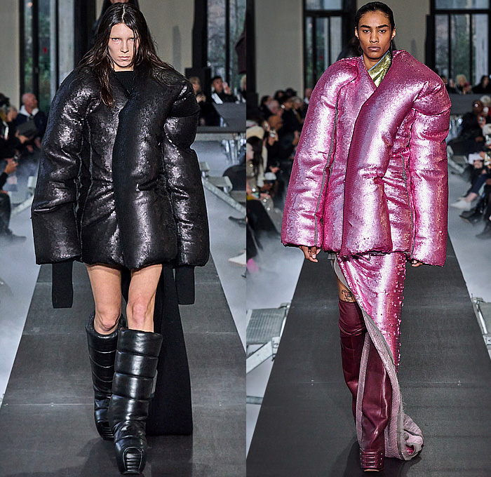 Rick Owens 2023-2024 Fall Autumn Winter Womens Runway Collection - Paris Fashion Week Femme PFW - Luxor - Selvedge Denim Jeans Shredded Acid Colored Degrade Bedazzled Sequins Quilted Puffer Pillow Jumbo Padded Duvet-Filled Wrapped Slung Cowl Donut Puff Ball Knit Oversized Outerwear Coat Draped Crumpled Arm Floaties Funnelneck Sweater Dress Patchwork One Shoulder Pleats Cape Cloak Metallic Frankenstein Shoulders Fringes Bat Wing Collar High Slit Skirt Briefs Wrapped Platform Boots