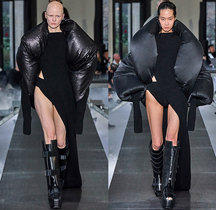 Rick Owens 2023-2024 Fall Autumn Winter Womens Runway Collection - Paris Fashion Week Femme PFW - Luxor - Selvedge Denim Jeans Shredded Acid Colored Degrade Bedazzled Sequins Quilted Puffer Pillow Jumbo Padded Duvet-Filled Wrapped Slung Cowl Donut Puff Ball Knit Oversized Outerwear Coat Draped Crumpled Arm Floaties Funnelneck Sweater Dress Patchwork One Shoulder Pleats Cape Cloak Metallic Frankenstein Shoulders Fringes Bat Wing Collar High Slit Skirt Briefs Wrapped Platform Boots