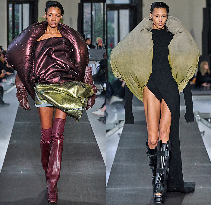 Rick Owens 2023-2024 Fall Autumn Winter Womens Runway Collection - Paris Fashion Week Femme PFW - Luxor - Selvedge Denim Jeans Shredded Acid Colored Degrade Bedazzled Sequins Quilted Puffer Pillow Jumbo Padded Duvet-Filled Wrapped Slung Cowl Donut Puff Ball Knit Oversized Outerwear Coat Draped Crumpled Arm Floaties Funnelneck Sweater Dress Patchwork One Shoulder Pleats Cape Cloak Metallic Frankenstein Shoulders Fringes Bat Wing Collar High Slit Skirt Briefs Wrapped Platform Boots