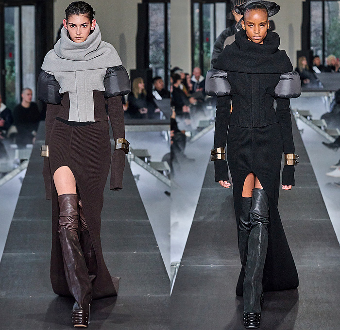 Rick Owens 2023-2024 Fall Autumn Winter Womens Runway Collection - Paris Fashion Week Femme PFW - Luxor - Selvedge Denim Jeans Shredded Acid Colored Degrade Bedazzled Sequins Quilted Puffer Pillow Jumbo Padded Duvet-Filled Wrapped Slung Cowl Donut Puff Ball Knit Oversized Outerwear Coat Draped Crumpled Arm Floaties Funnelneck Sweater Dress Patchwork One Shoulder Pleats Cape Cloak Metallic Frankenstein Shoulders Fringes Bat Wing Collar High Slit Skirt Briefs Wrapped Platform Boots