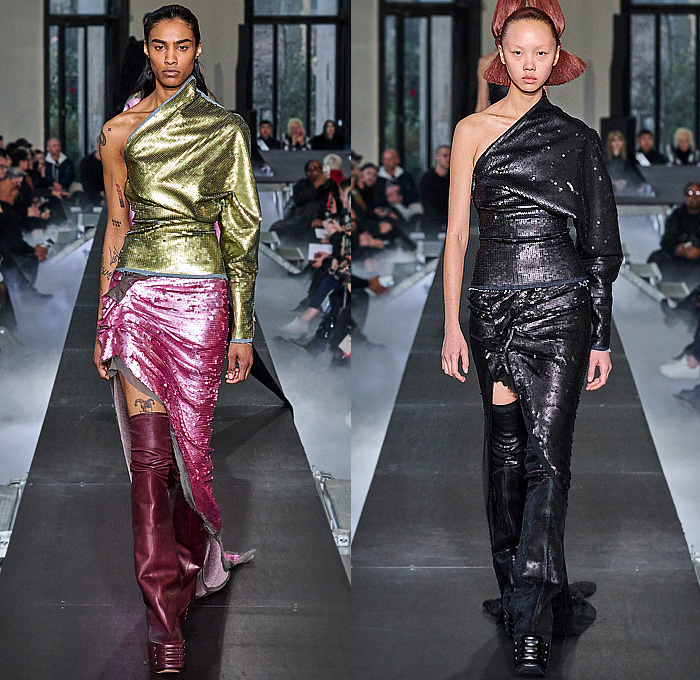 Rick Owens 2023-2024 Fall Autumn Winter Womens Runway Collection - Paris Fashion Week Femme PFW - Luxor - Selvedge Denim Jeans Shredded Acid Colored Degrade Bedazzled Sequins Quilted Puffer Pillow Jumbo Padded Duvet-Filled Wrapped Slung Cowl Donut Puff Ball Knit Oversized Outerwear Coat Draped Crumpled Arm Floaties Funnelneck Sweater Dress Patchwork One Shoulder Pleats Cape Cloak Metallic Frankenstein Shoulders Fringes Bat Wing Collar High Slit Skirt Briefs Wrapped Platform Boots