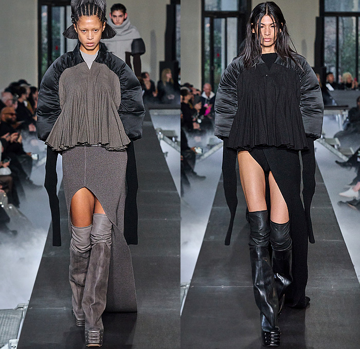 Rick Owens 2023-2024 Fall Autumn Winter Womens Runway Collection - Paris Fashion Week Femme PFW - Luxor - Selvedge Denim Jeans Shredded Acid Colored Degrade Bedazzled Sequins Quilted Puffer Pillow Jumbo Padded Duvet-Filled Wrapped Slung Cowl Donut Puff Ball Knit Oversized Outerwear Coat Draped Crumpled Arm Floaties Funnelneck Sweater Dress Patchwork One Shoulder Pleats Cape Cloak Metallic Frankenstein Shoulders Fringes Bat Wing Collar High Slit Skirt Briefs Wrapped Platform Boots