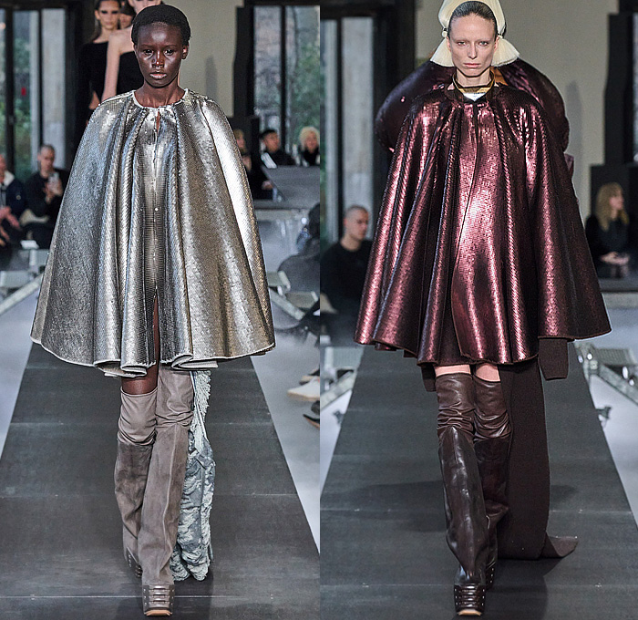 Rick Owens 2023-2024 Fall Autumn Winter Womens Runway Collection - Paris Fashion Week Femme PFW - Luxor - Selvedge Denim Jeans Shredded Acid Colored Degrade Bedazzled Sequins Quilted Puffer Pillow Jumbo Padded Duvet-Filled Wrapped Slung Cowl Donut Puff Ball Knit Oversized Outerwear Coat Draped Crumpled Arm Floaties Funnelneck Sweater Dress Patchwork One Shoulder Pleats Cape Cloak Metallic Frankenstein Shoulders Fringes Bat Wing Collar High Slit Skirt Briefs Wrapped Platform Boots