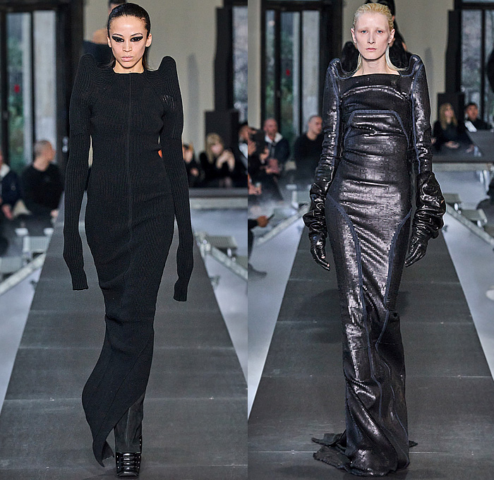 Rick Owens 2023-2024 Fall Autumn Winter Womens Runway Collection - Paris Fashion Week Femme PFW - Luxor - Selvedge Denim Jeans Shredded Acid Colored Degrade Bedazzled Sequins Quilted Puffer Pillow Jumbo Padded Duvet-Filled Wrapped Slung Cowl Donut Puff Ball Knit Oversized Outerwear Coat Draped Crumpled Arm Floaties Funnelneck Sweater Dress Patchwork One Shoulder Pleats Cape Cloak Metallic Frankenstein Shoulders Fringes Bat Wing Collar High Slit Skirt Briefs Wrapped Platform Boots