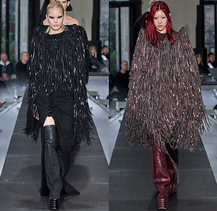 Rick Owens 2023-2024 Fall Autumn Winter Womens Runway Collection - Paris Fashion Week Femme PFW - Luxor - Selvedge Denim Jeans Shredded Acid Colored Degrade Bedazzled Sequins Quilted Puffer Pillow Jumbo Padded Duvet-Filled Wrapped Slung Cowl Donut Puff Ball Knit Oversized Outerwear Coat Draped Crumpled Arm Floaties Funnelneck Sweater Dress Patchwork One Shoulder Pleats Cape Cloak Metallic Frankenstein Shoulders Fringes Bat Wing Collar High Slit Skirt Briefs Wrapped Platform Boots