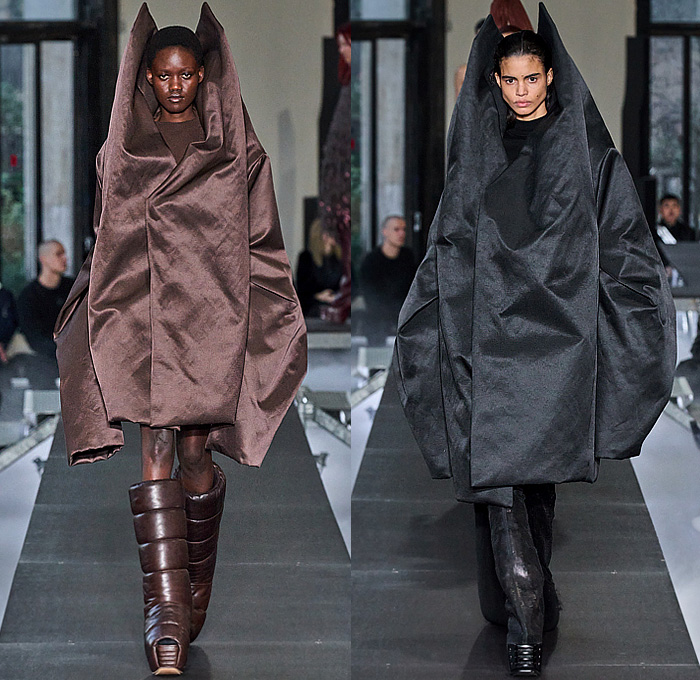 Rick Owens 2023-2024 Fall Autumn Winter Womens Runway Collection - Paris Fashion Week Femme PFW - Luxor - Selvedge Denim Jeans Shredded Acid Colored Degrade Bedazzled Sequins Quilted Puffer Pillow Jumbo Padded Duvet-Filled Wrapped Slung Cowl Donut Puff Ball Knit Oversized Outerwear Coat Draped Crumpled Arm Floaties Funnelneck Sweater Dress Patchwork One Shoulder Pleats Cape Cloak Metallic Frankenstein Shoulders Fringes Bat Wing Collar High Slit Skirt Briefs Wrapped Platform Boots