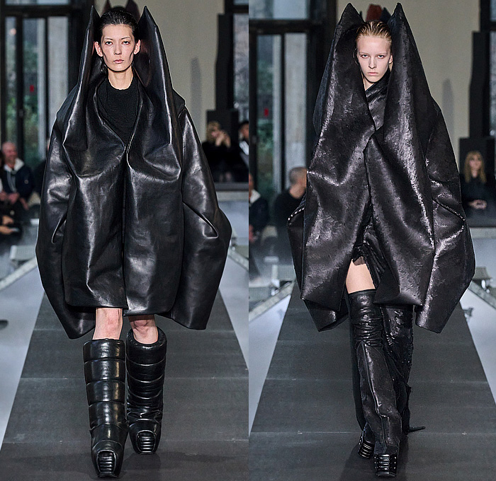 Rick Owens 2023-2024 Fall Autumn Winter Womens Runway Collection - Paris Fashion Week Femme PFW - Luxor - Selvedge Denim Jeans Shredded Acid Colored Degrade Bedazzled Sequins Quilted Puffer Pillow Jumbo Padded Duvet-Filled Wrapped Slung Cowl Donut Puff Ball Knit Oversized Outerwear Coat Draped Crumpled Arm Floaties Funnelneck Sweater Dress Patchwork One Shoulder Pleats Cape Cloak Metallic Frankenstein Shoulders Fringes Bat Wing Collar High Slit Skirt Briefs Wrapped Platform Boots