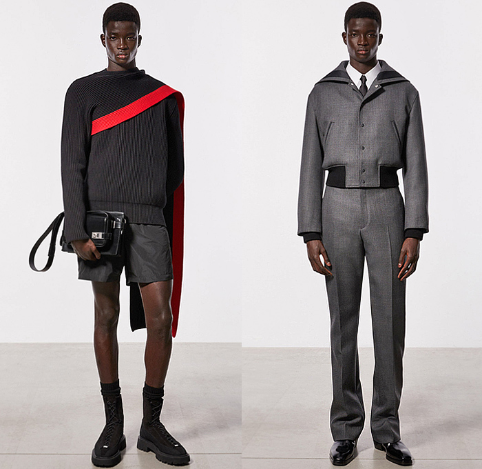 Salvatore Ferragamo 2023 Pre-Fall Autumn Mens Top Picks - Knit Sweater Ribbed JGrunge Trucker Jacket Pockets Outerwear Parka Coat Suit Tie Suede Fur Denim Jeans Tights Leggings Hoodie Sweatshirt Blazer Shawl Draped Stripe Shorts Bomber Aviator Jacket Sailor Collar Asymmetrical Boots Handbag