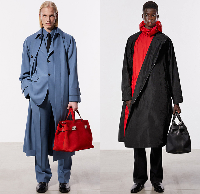 Salvatore Ferragamo 2023 Pre-Fall Autumn Mens Top Picks - Knit Sweater Ribbed JGrunge Trucker Jacket Pockets Outerwear Parka Coat Suit Tie Suede Fur Denim Jeans Tights Leggings Hoodie Sweatshirt Blazer Shawl Draped Stripe Shorts Bomber Aviator Jacket Sailor Collar Asymmetrical Boots Handbag